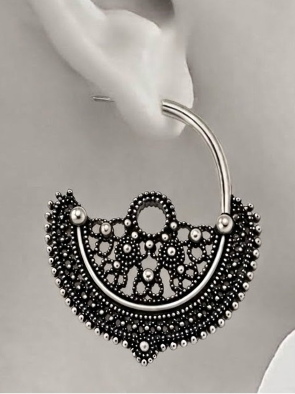 Victorian Lacey Hoops~ Ornate Elaborate Ethnic Bollywood Vintage Gunmetal Dangle